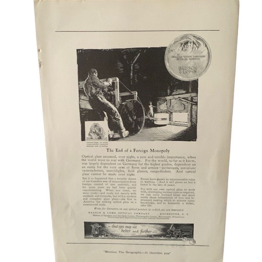 Vintage 1928 Bausch & Lomb Optical Co End Foreign Monopoly Ad Advertisement